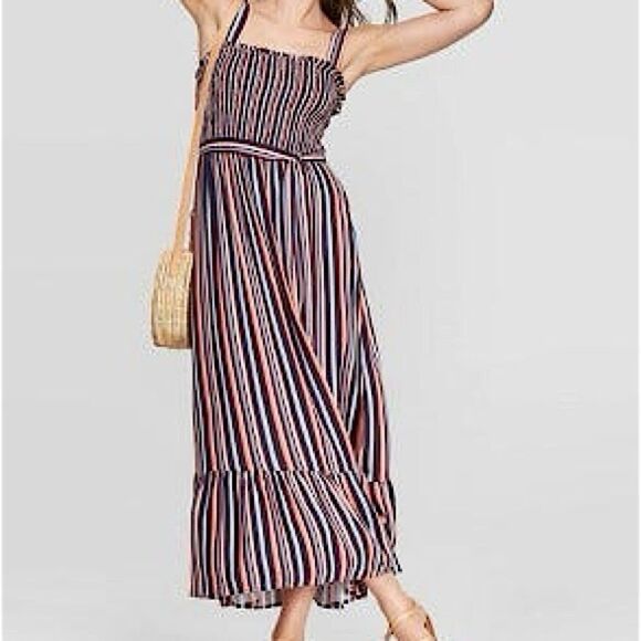 Universal Thread blue stripe smocked boho Square Neck belted Maxi Dress plus XXL - Picture 1 of 12